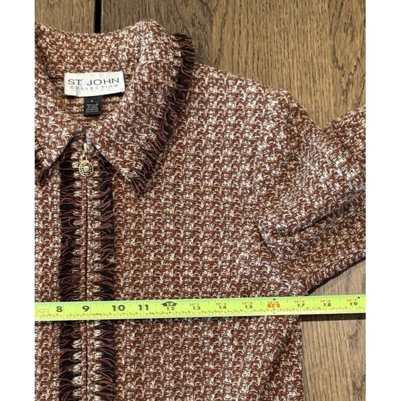 St. John Knit Painterly Tweed Boucle Jacket Women’s Sz 6 Russet Fringe Full Zip - Picture 10 of 12